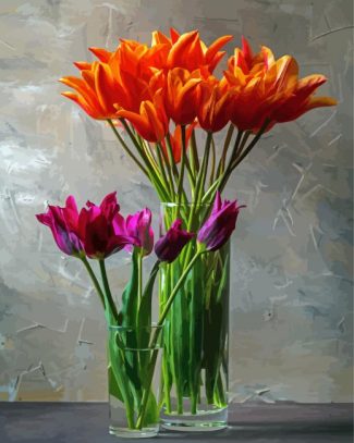 Orange And Purple Tulips In Glass Vases Diamond Painting