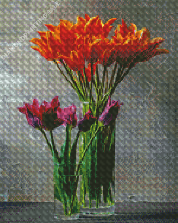 Orange And Purple Tulips In Glass Vases Diamond Painting