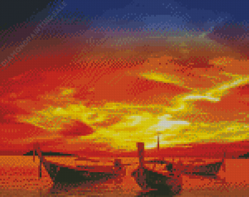 Sunset With Boats Diamond Painting