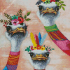 Three Ostrich And Flowers Diamond Painting