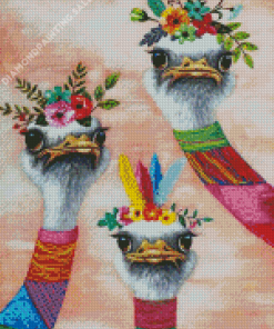 Three Ostrich And Flowers Diamond Painting