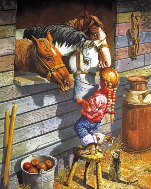 Little Girl And Horses Diamond Painting