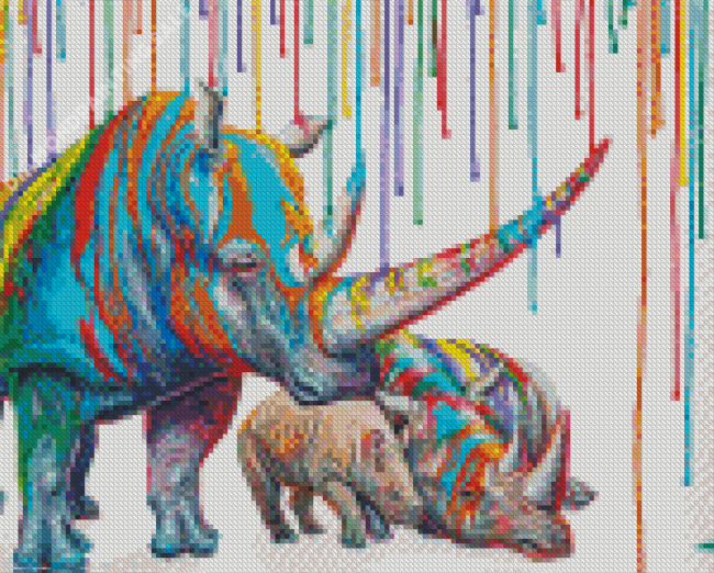 Rainbow Rhino Family Diamond Painting