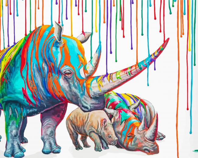 Rainbow Rhino Family Diamond Painting