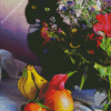 Black Cats And Flowers With Fruits Diamond Painting