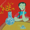 Asian Woman With Flower In Vase Diamond Painting