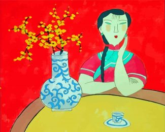 Asian Woman With Flower In Vase Diamond Painting