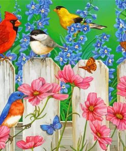 Birds On Wooden White Picket Fence Diamond Painting