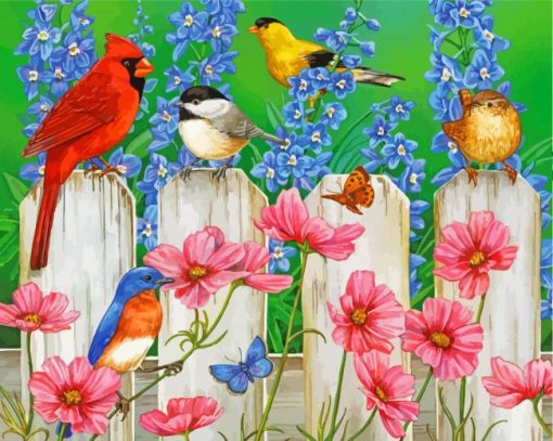 Birds On Wooden White Picket Fence Diamond Painting
