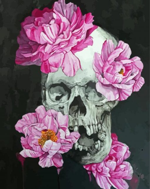 Skull And Pink Flowers Diamond Painting