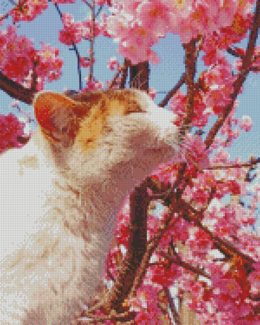 Cat In Cherry Tree Diamond Painting