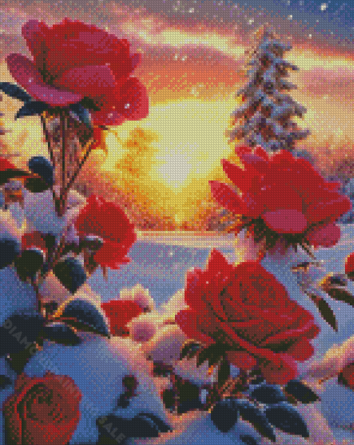 Blooming Red Roses Snow Scenery Diamond Painting