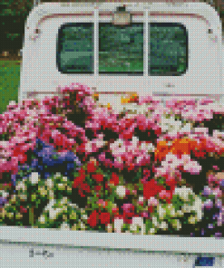 Flowers In Back Of White Truck Diamond Painting