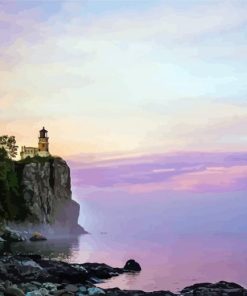 Split Rock Lighthouse Pink Sky View Diamond Painting