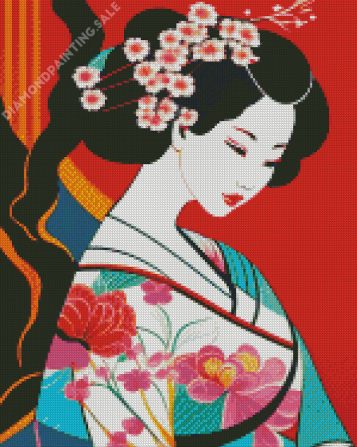 Aesthetic Beautiful Japanese Lady With Flowers In Hair For Diamond Painting