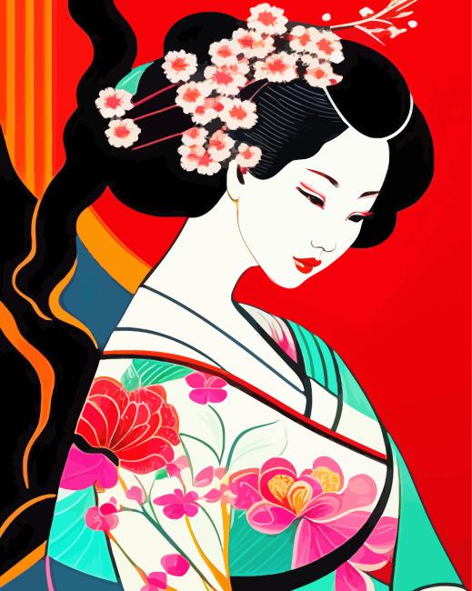 Aesthetic Beautiful Japanese Lady With Flowers In Hair For Diamond Painting