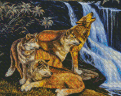 Wolves And Waterfall Diamond Painting