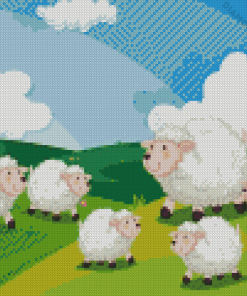 Cartoon Sheep in Field 5D Diamond Painting