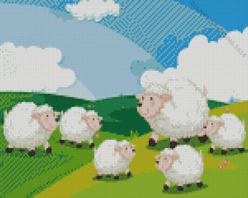 Cartoon Sheep in Field 5D Diamond Painting