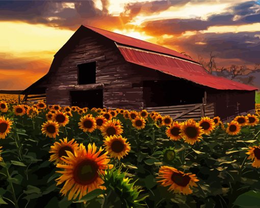 Flowers and Barn at Sunset 5D Diamond Painting