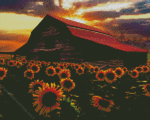 Flowers and Barn at Sunset 5D Diamond Painting