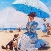 Dog And Woman Holding Umbrella On Beach 5D Diamond Painting