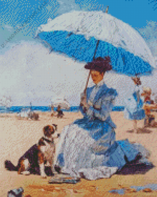 Dog And Woman Holding Umbrella On Beach 5D Diamond Painting