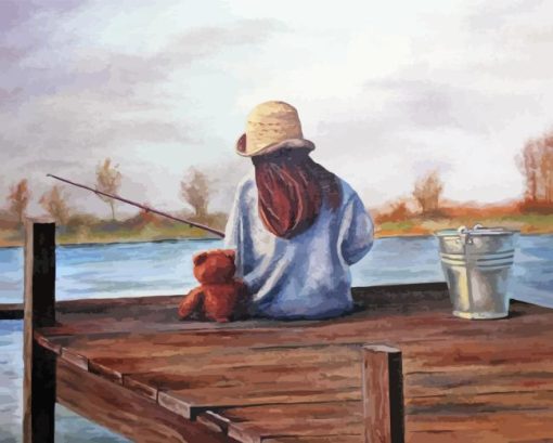 Girl Fishing On Boardwalk 5D Diamond Painting