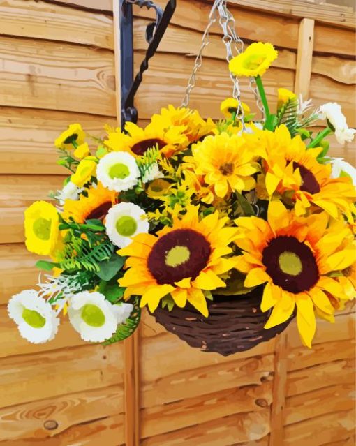 White Flowers With Sunflowers In Basket 5D Diamond Painting