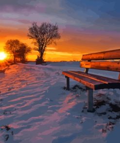 Sunset With A Bench In Snow 5D Diamond Painting