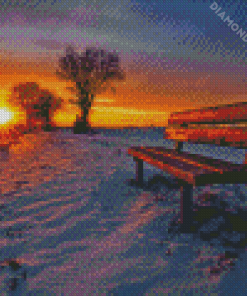 Sunset With A Bench In Snow 5D Diamond Painting