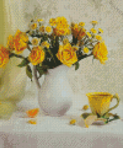 Yellow Roses In Vase And Tea Cup 5D Diamond Painting