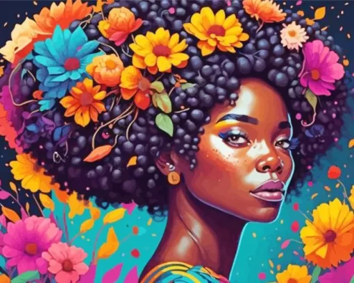 African Black Woman Flowers 5D Diamond Painting