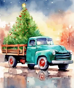 Abstract Christmas Green Farm Truck 5D Diamond Painting