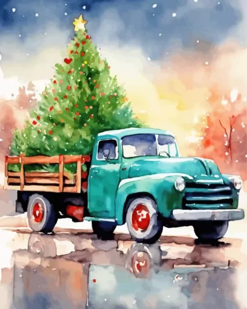 Abstract Christmas Green Farm Truck 5D Diamond Painting