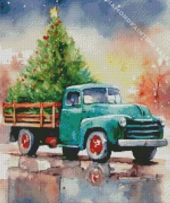 Abstract Christmas Green Farm Truck 5D Diamond Painting