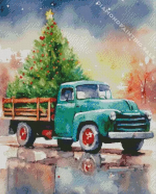 Abstract Christmas Green Farm Truck 5D Diamond Painting