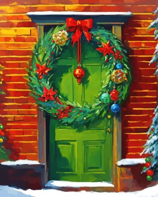 Aesthetic Christmas Green Front Door 5D Diamond Painting