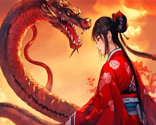 Aesthetic Female And Red Dragon 5D Diamond Painting