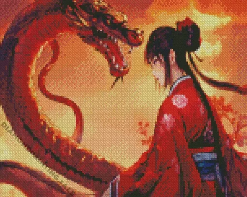 Aesthetic Female And Red Dragon 5D Diamond Painting