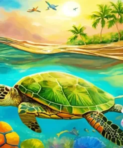 Aesthetic Green Turtle And Flowers 5D Diamond Painting