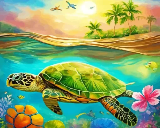 Aesthetic Green Turtle And Flowers 5D Diamond Painting