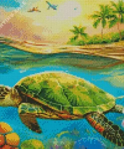 Aesthetic Green Turtle And Flowers 5D Diamond Painting