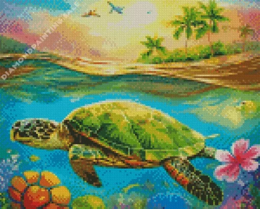 Aesthetic Green Turtle And Flowers 5D Diamond Painting