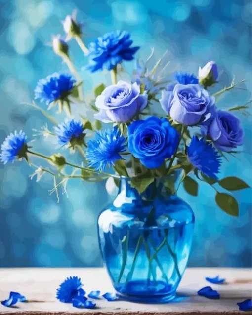 Blue Glass Vase Flowers 5D Diamond Painting