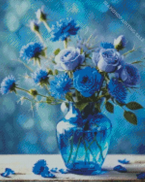 Blue Glass Vase Flowers 5D Diamond Painting