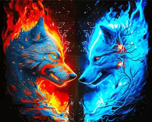 Blue And Red Fire Wolf 5D Diamond Painting