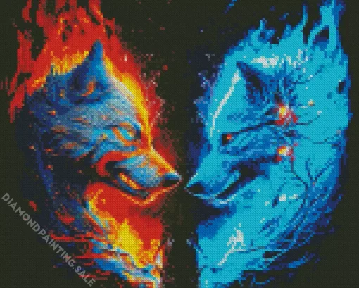 Blue And Red Fire Wolf 5D Diamond Painting