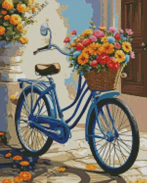 Blue Bike And Flowers Basket 5D Diamond Painting