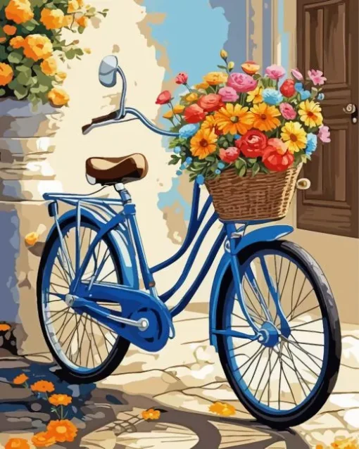 Blue Bike And Flowers Basket 5D Diamond Painting